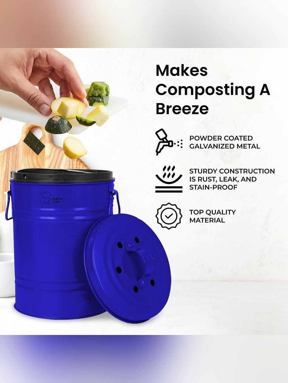 NWT Chef’s Star Indoor Kitchen Compost Bin Blue Gal Food Waste Pail Odor Control - Picture 5 of 11